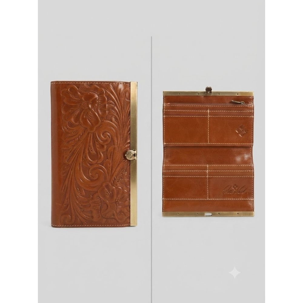 Patricia Nash Wallet Womens OS Tan Tooled Leather Floral Frame Trifold Clutch